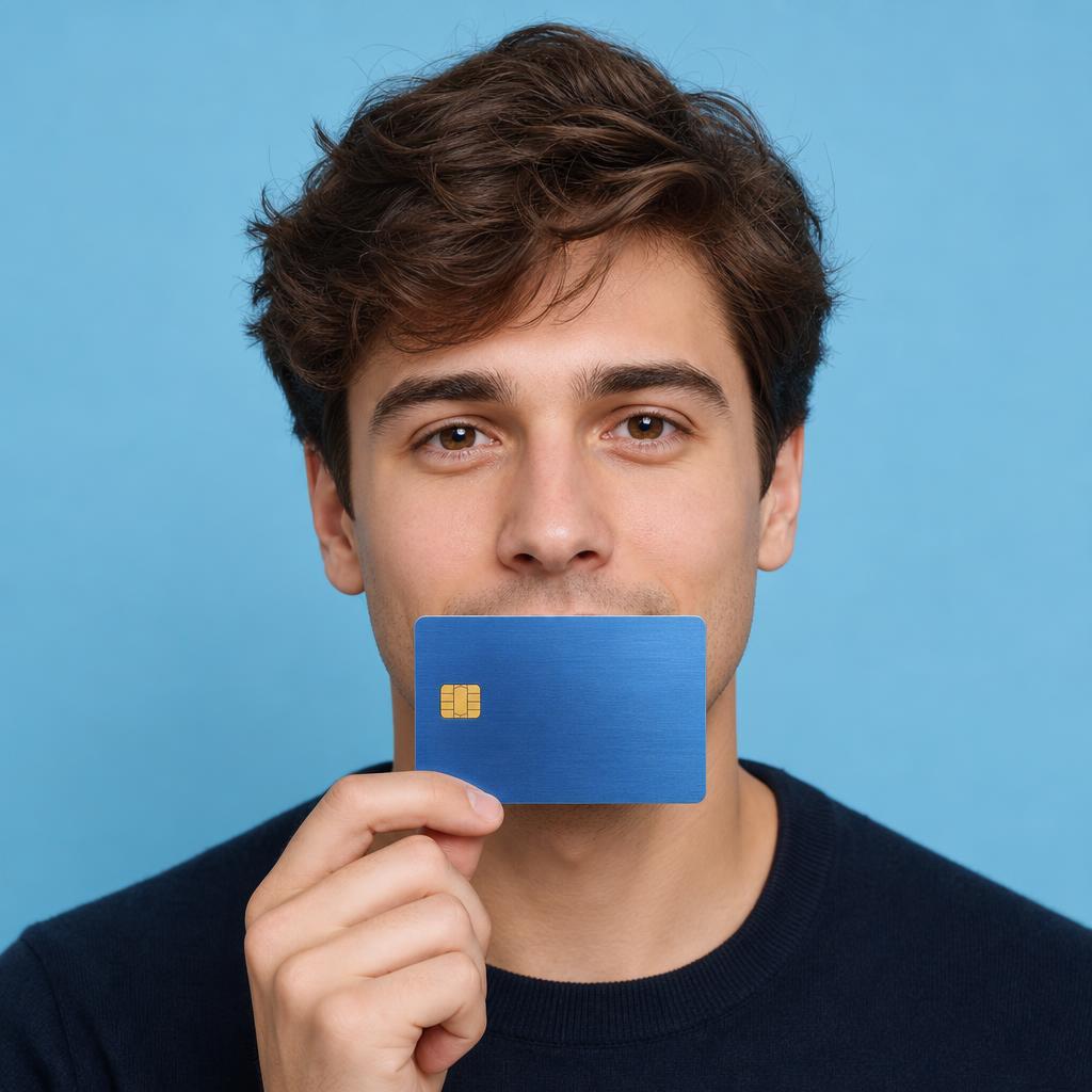 Example selfie: person without glasses holding a credit card under the nose, eyes clearly visible
